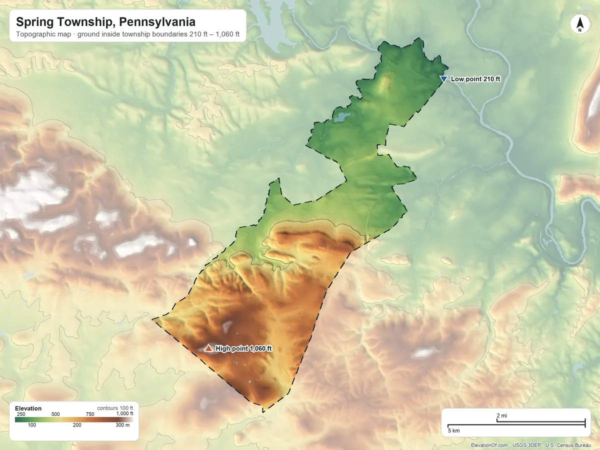 Topographic elevation map of Spring Township, Pennsylvania, shaded from 210 ft on the northeast side to 1,060 ft on the southwest side