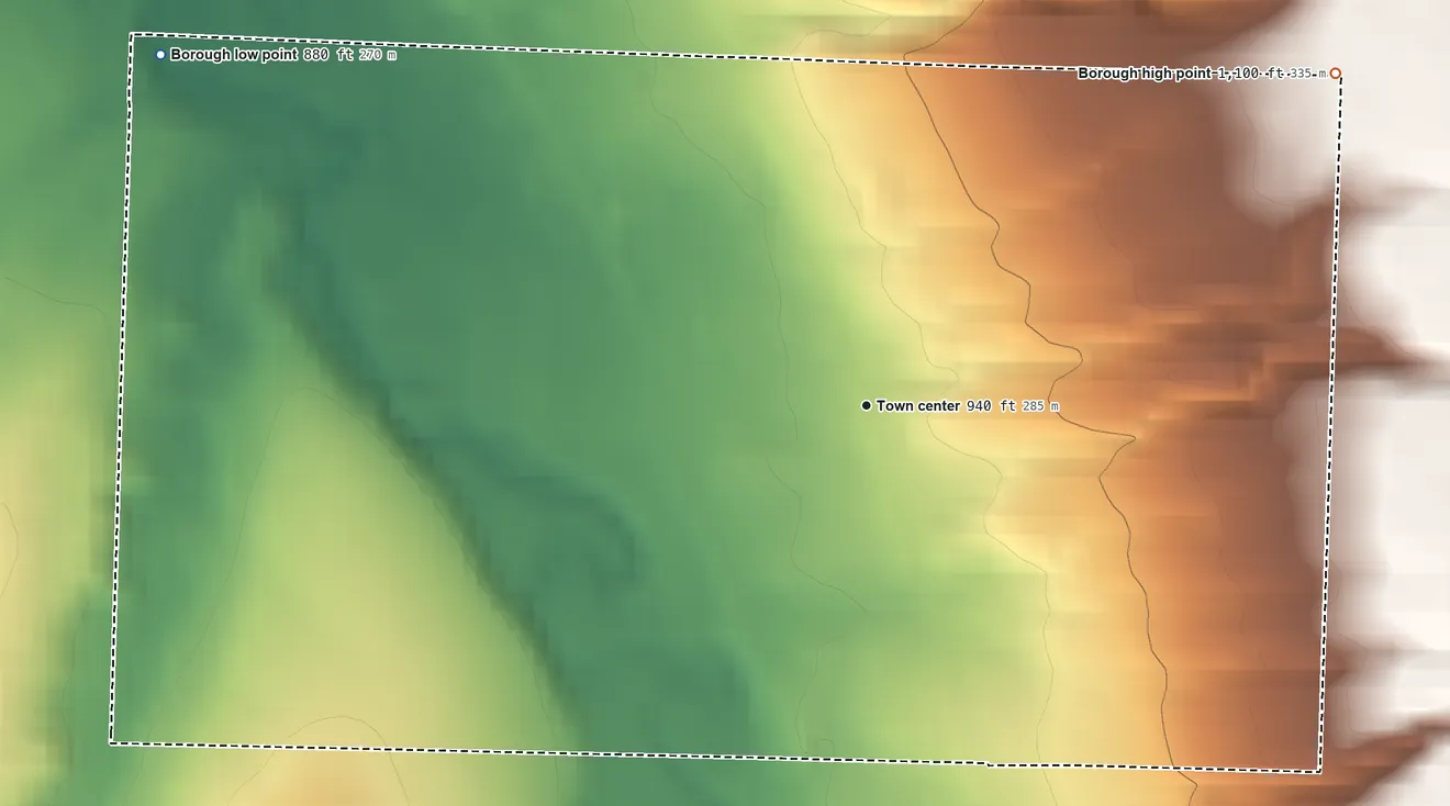 Topographic elevation map of Springboro, Pennsylvania, shaded from 880 ft on the northwest side to 1,100 ft on the northeast side