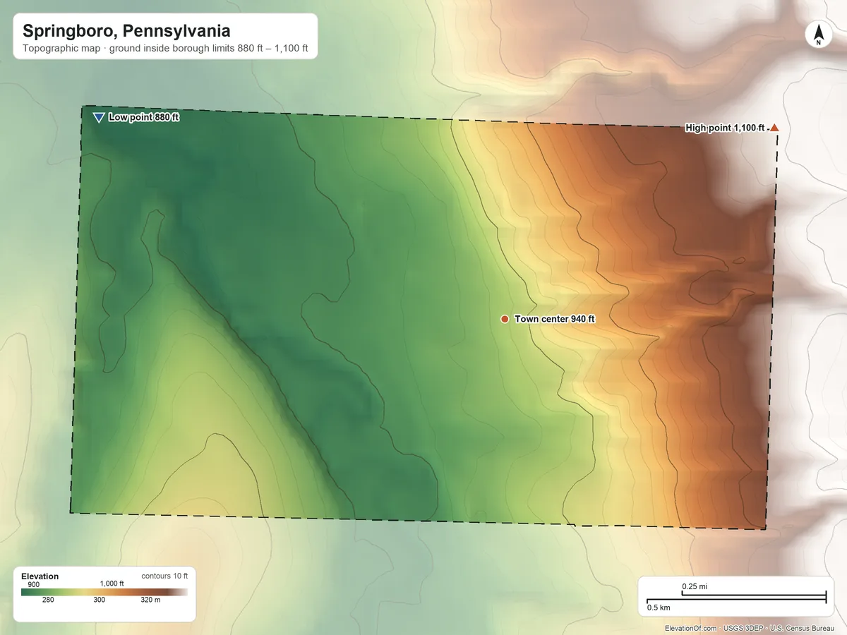 Topographic elevation map of Springboro, Pennsylvania, shaded from 880 ft on the northwest side to 1,100 ft on the northeast side