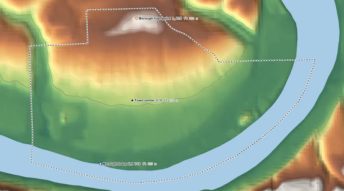 Topographic elevation map of Springdale, Pennsylvania, shaded from 740 ft on the southwest side to 1,010 ft on the north edge, below higher ground just outside