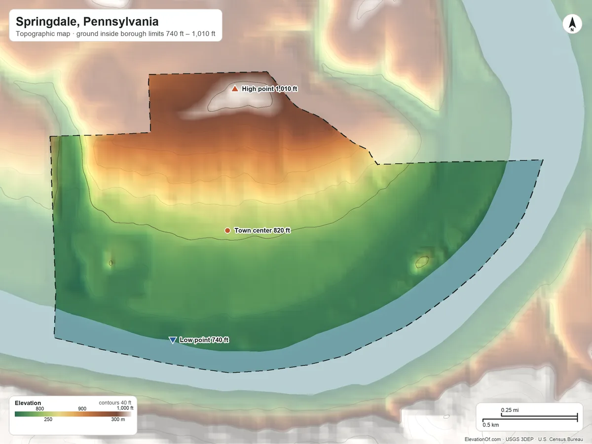 Topographic elevation map of Springdale, Pennsylvania, shaded from 740 ft on the southwest side to 1,010 ft on the north edge, below higher ground just outside