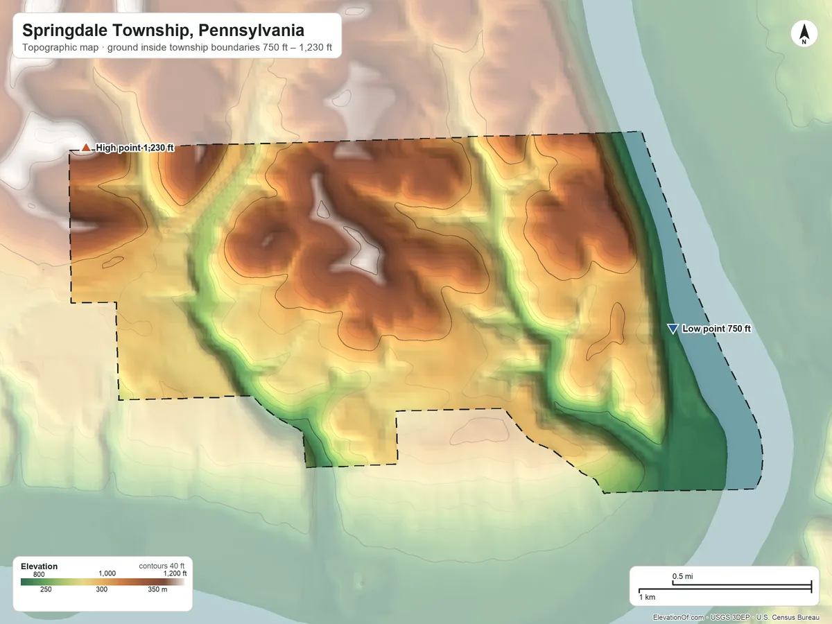 Topographic elevation map of Springdale Township, Pennsylvania, shaded from 750 ft on the east side to 1,230 ft on the northwest side