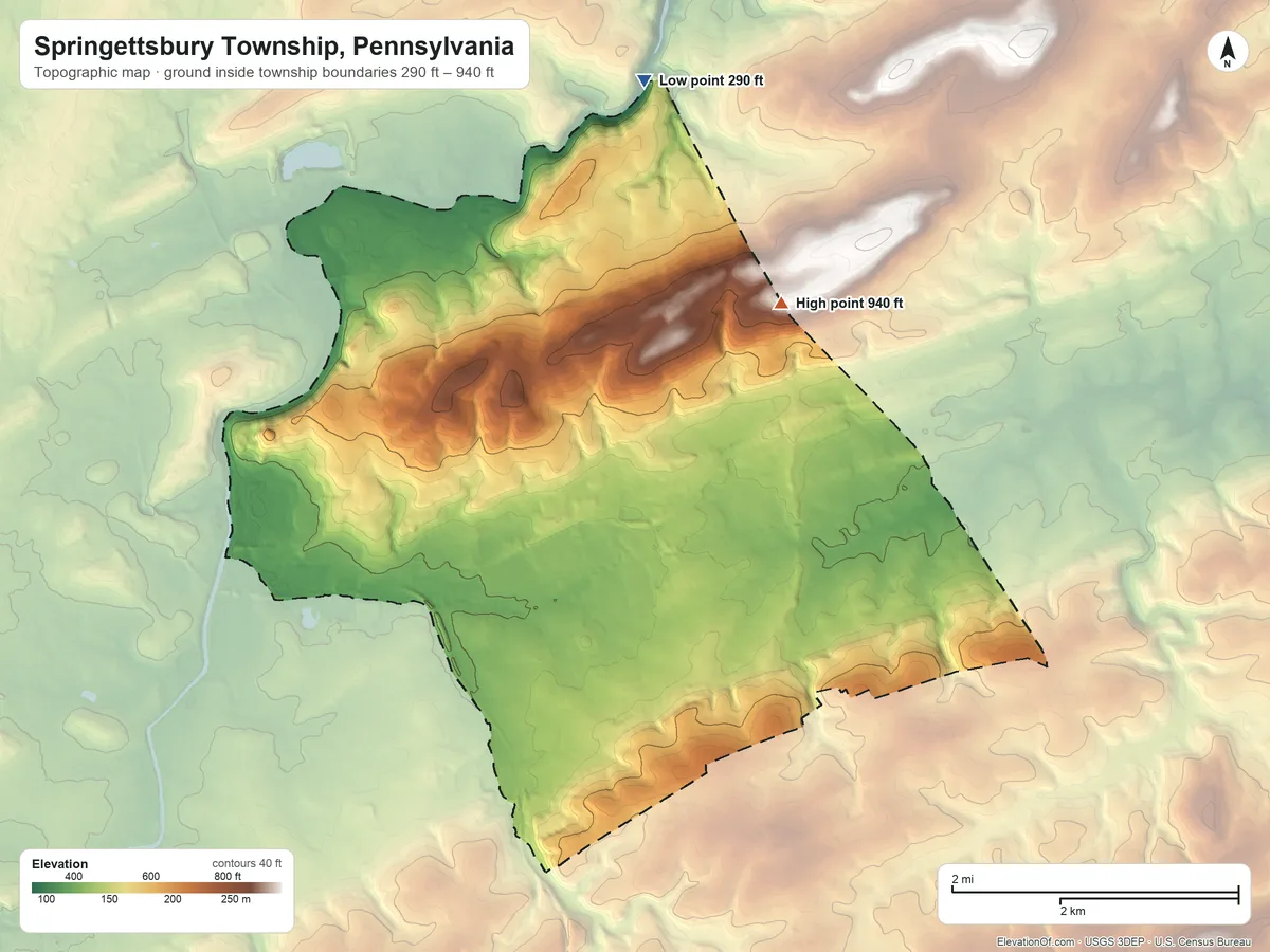Topographic elevation map of Springettsbury Township, Pennsylvania, shaded from 290 ft on the north side to 940 ft on the northeast side