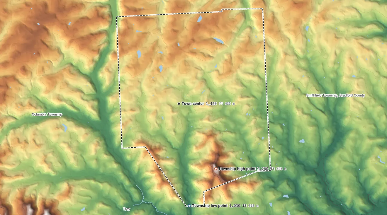 Topographic elevation map of Springfield Township, Bradford County, Pennsylvania, shaded from 1,030 ft on the south side to 2,280 ft on Mount Pisgah
