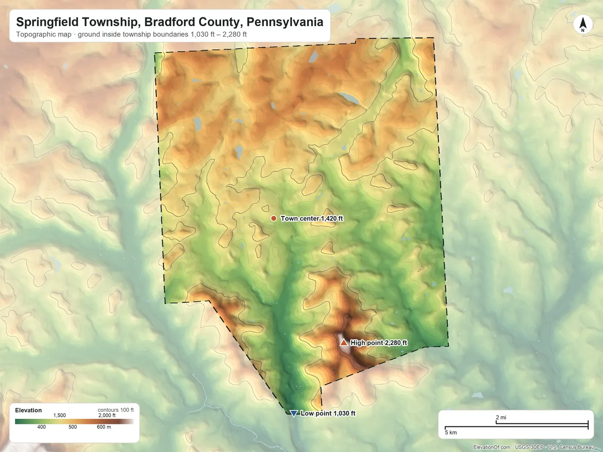 Topographic elevation map of Springfield Township, Bradford County, Pennsylvania, shaded from 1,030 ft on the south side to 2,280 ft on Mount Pisgah