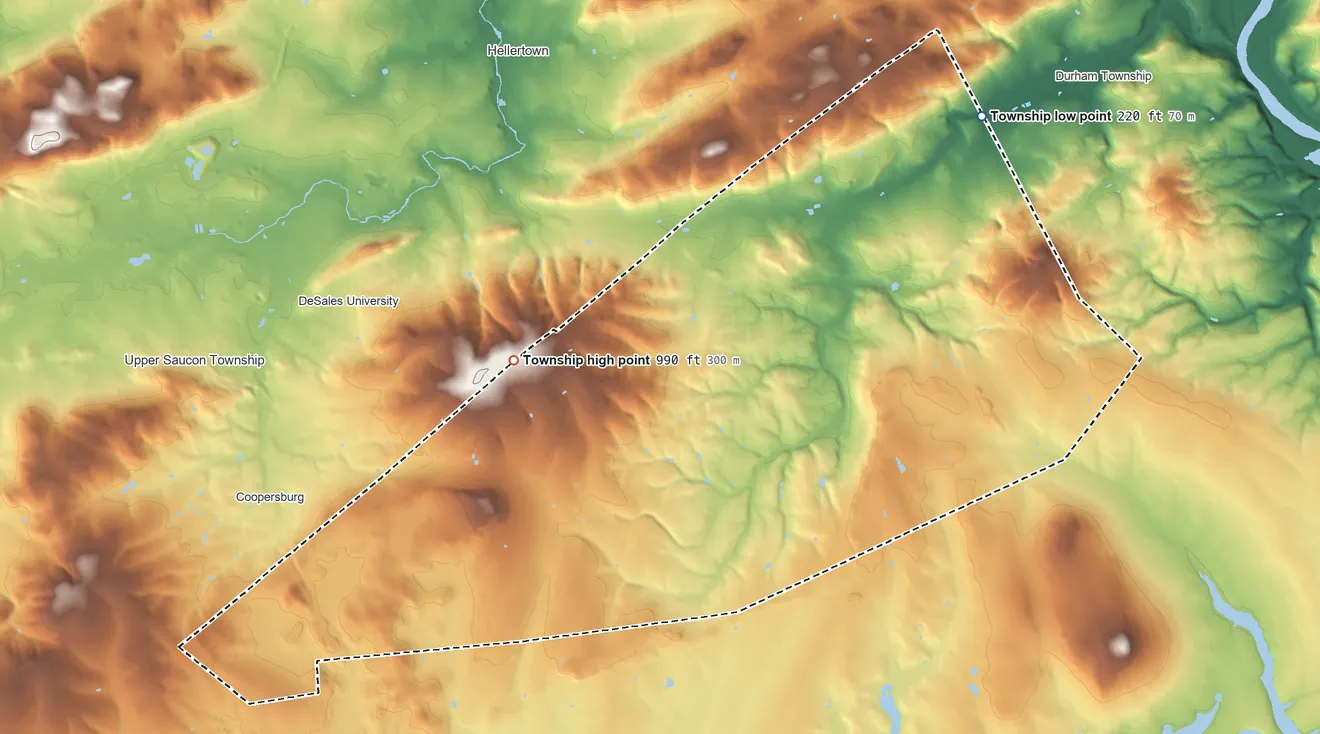 Topographic elevation map of Springfield Township, Bucks County, Pennsylvania, shaded from 220 ft on the northeast side to 990 ft on the west side