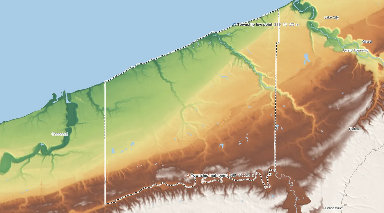Topographic elevation map of Springfield Township, Erie County, Pennsylvania, shaded from 570 ft on the north side to 900 ft on the south side