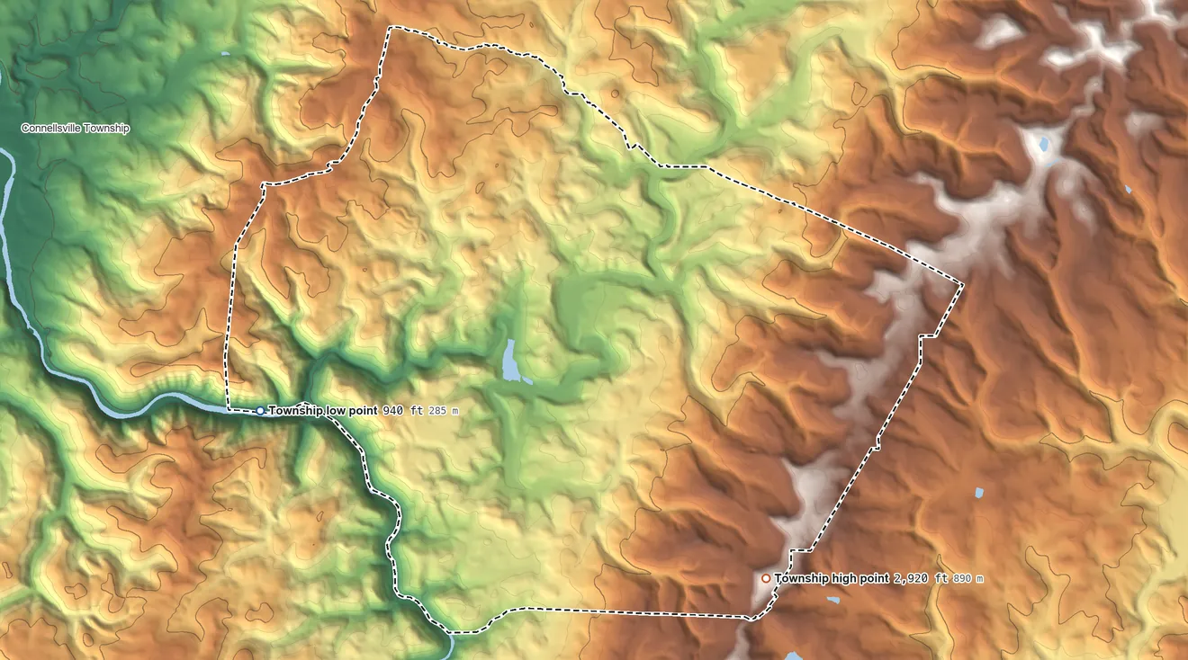 Topographic elevation map of Springfield Township, Fayette County, Pennsylvania, shaded from 940 ft on the west side to 2,920 ft on the southeast side