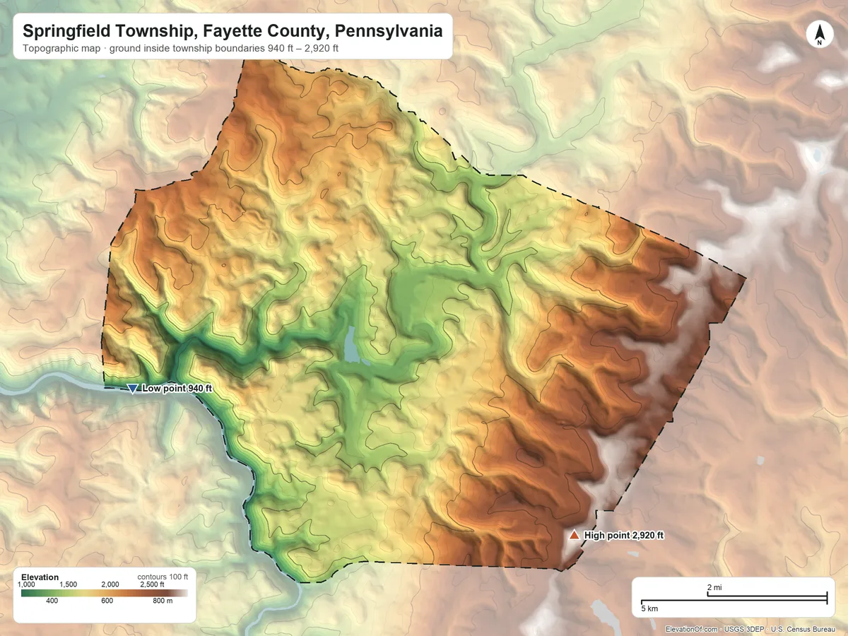 Topographic elevation map of Springfield Township, Fayette County, Pennsylvania, shaded from 940 ft on the west side to 2,920 ft on the southeast side
