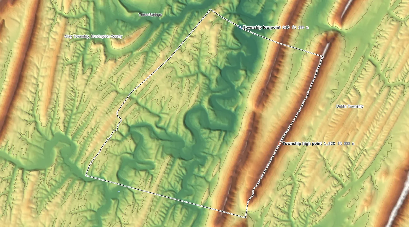 Topographic elevation map of Springfield Township, Huntingdon County, Pennsylvania, shaded from 640 ft on the northeast side to 1,820 ft on the east side