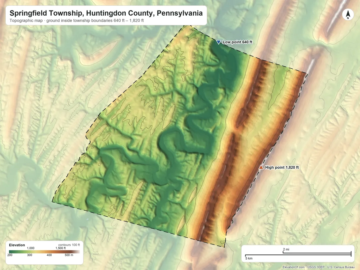 Topographic elevation map of Springfield Township, Huntingdon County, Pennsylvania, shaded from 640 ft on the northeast side to 1,820 ft on the east side