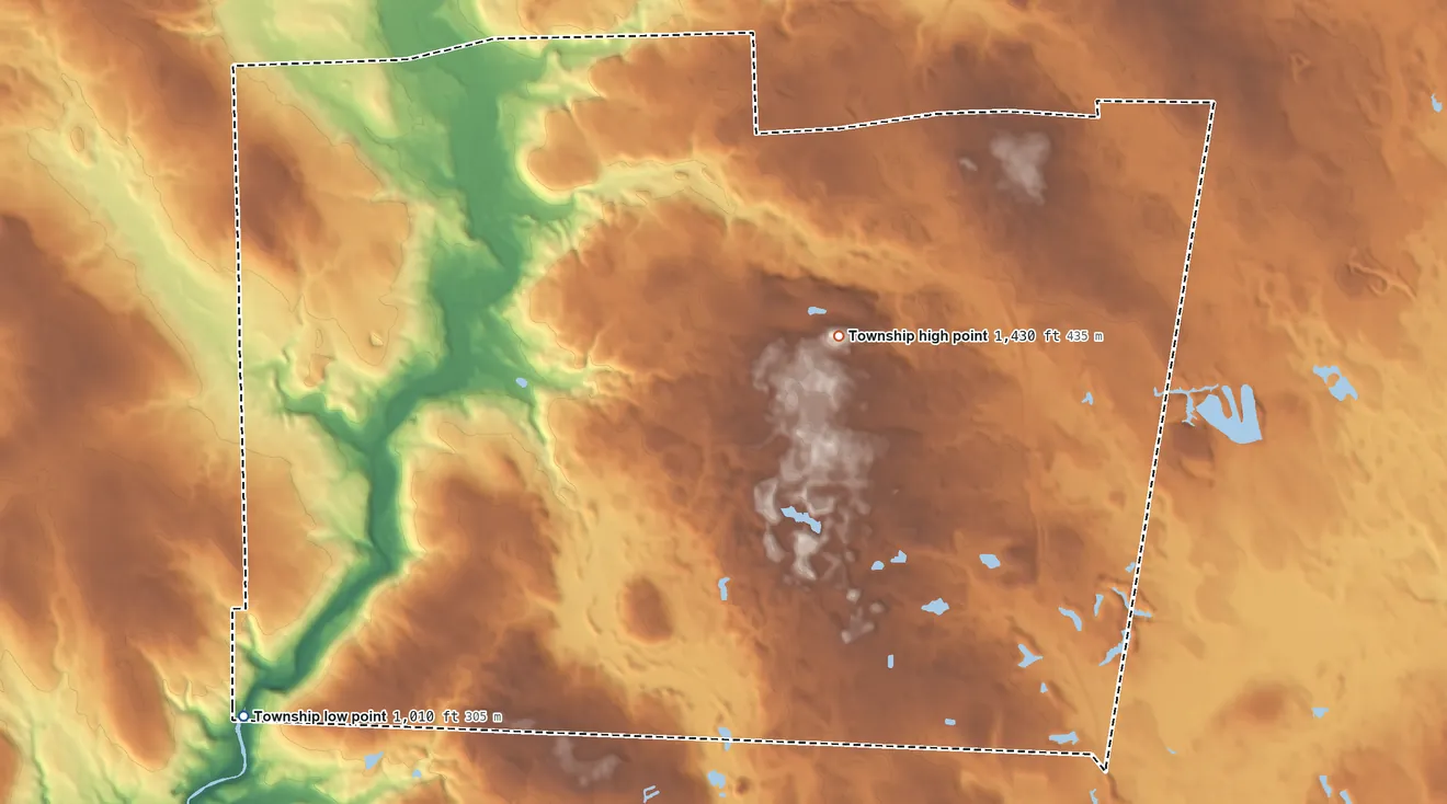 Topographic elevation map of Springfield Township, Mercer County, Pennsylvania, shaded from 1,010 ft on the southwest side to 1,430 ft on the northeast side