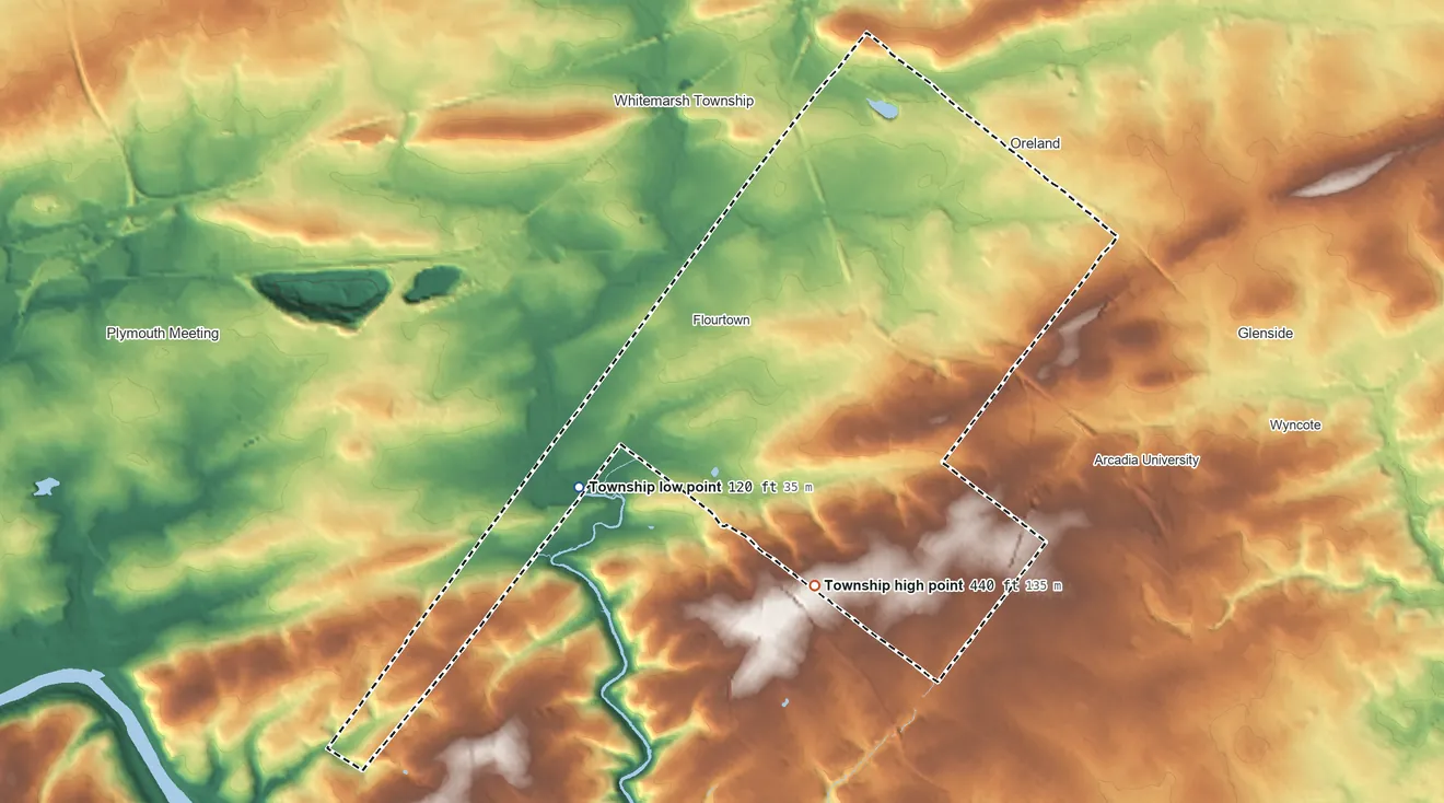 Topographic elevation map of Springfield Township, Montgomery County, Pennsylvania, shaded from 120 ft on the southwest side to 440 ft on the south side