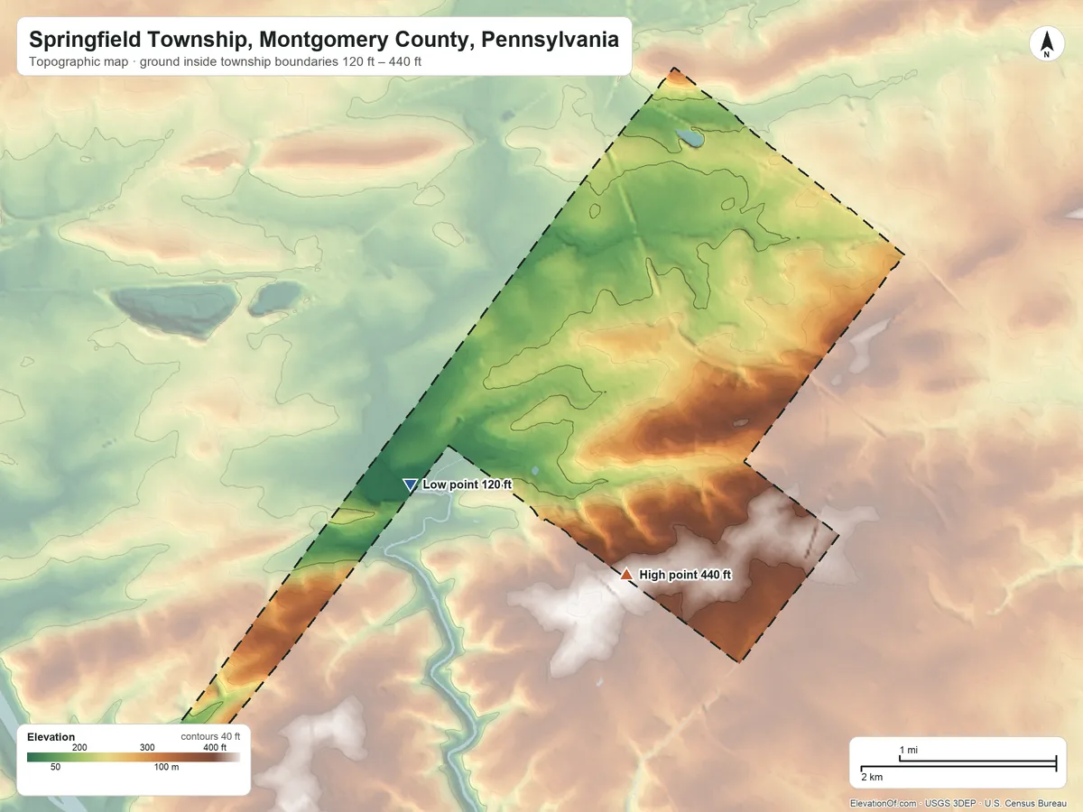 Topographic elevation map of Springfield Township, Montgomery County, Pennsylvania, shaded from 120 ft on the southwest side to 440 ft on the south side