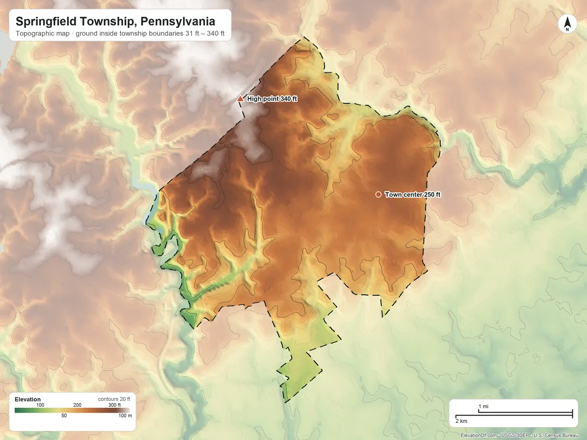 Topographic elevation map of Springfield Township, Pennsylvania, shaded from 31 ft on the southwest side to 340 ft on the northwest side