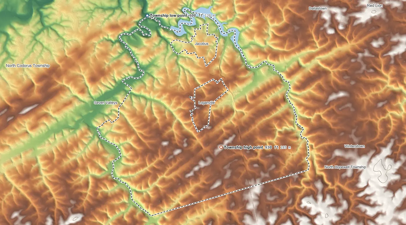 Topographic elevation map of Springfield Township, York County, Pennsylvania, shaded from 400 ft on the northwest side to 930 ft on the southeast side
