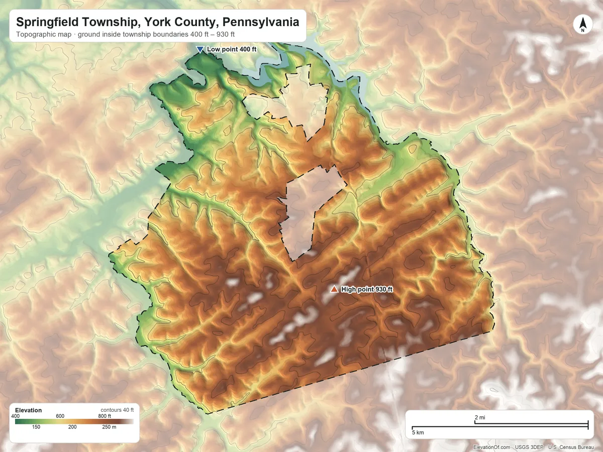 Topographic elevation map of Springfield Township, York County, Pennsylvania, shaded from 400 ft on the northwest side to 930 ft on the southeast side