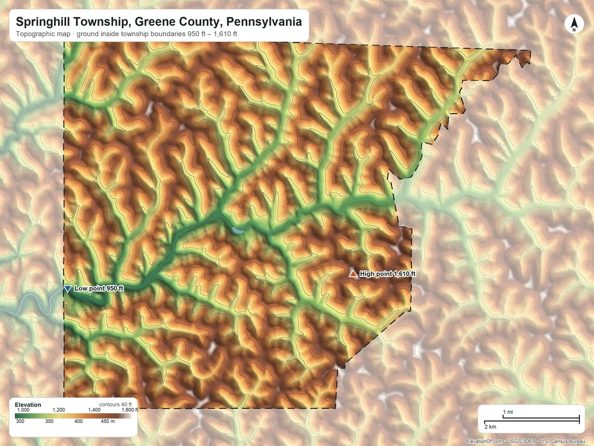 Topographic elevation map of Springhill Township, Greene County, Pennsylvania, shaded from 950 ft on the west side to 1,610 ft on the southeast side