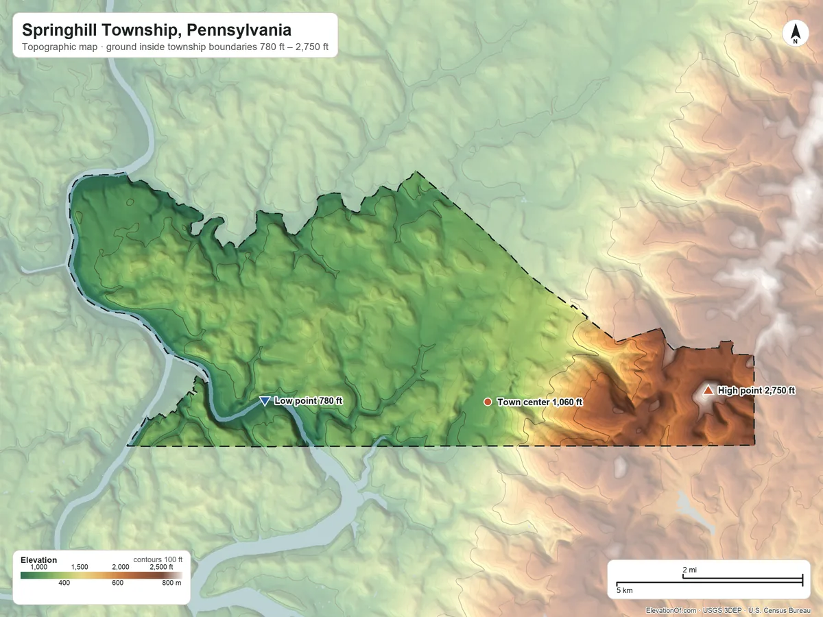 Topographic elevation map of Springhill Township, Pennsylvania, shaded from 780 ft on the west side to 2,750 ft on Devies Mountain