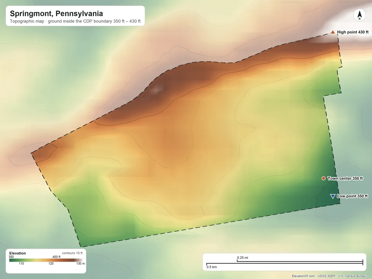 Topographic elevation map of Springmont, Pennsylvania, shaded from 350 ft near the middle to 430 ft on the north side