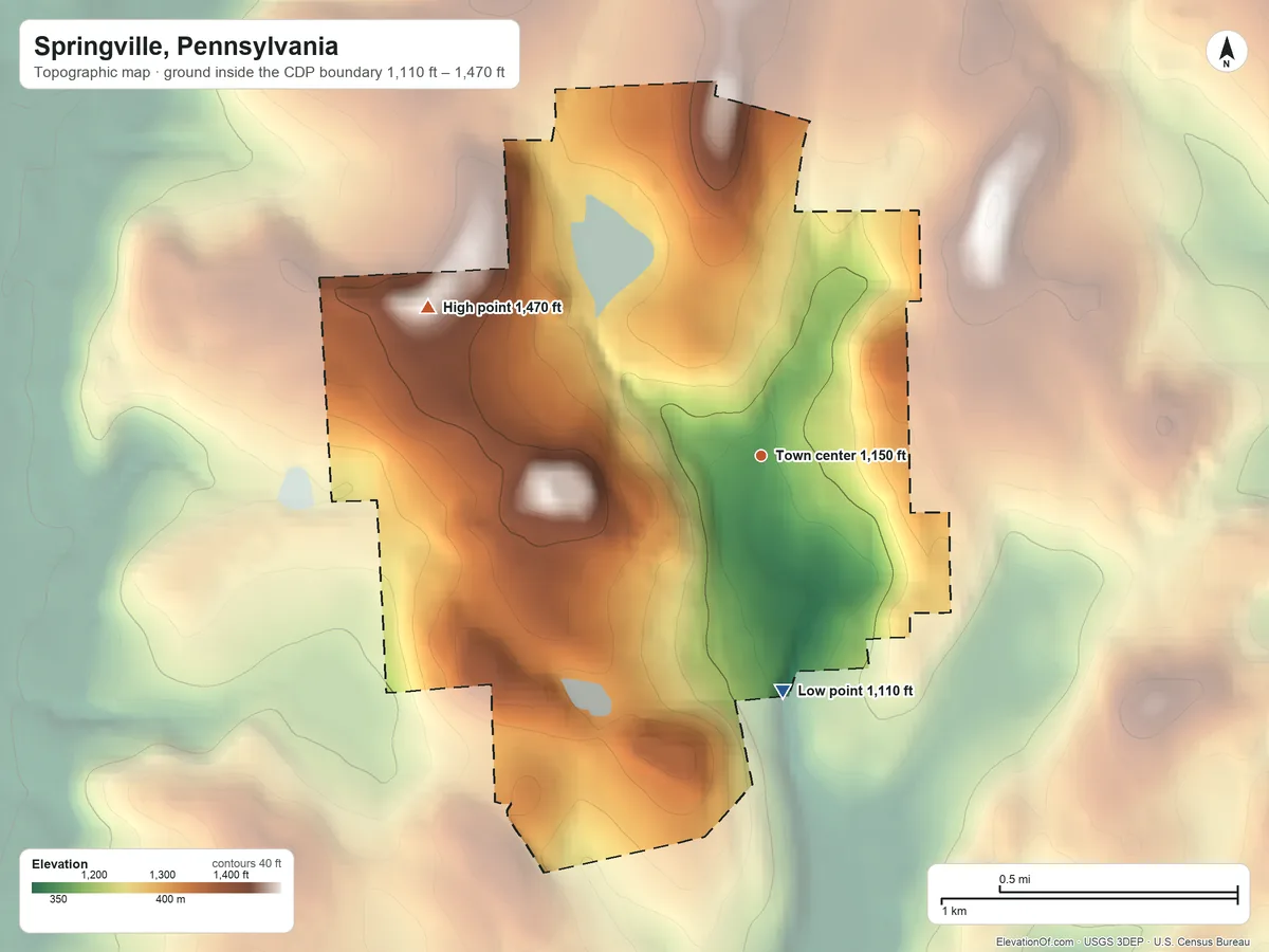 Topographic elevation map of Springville, Pennsylvania, shaded from 1,110 ft on the south side to 1,470 ft on the northwest side