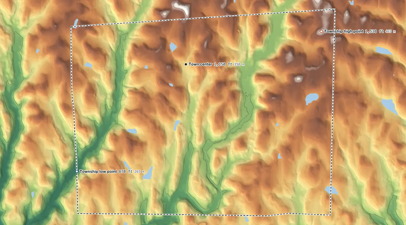 Topographic elevation map of Springville Township, Pennsylvania, shaded from 870 ft on the southwest side to 1,530 ft on the east side
