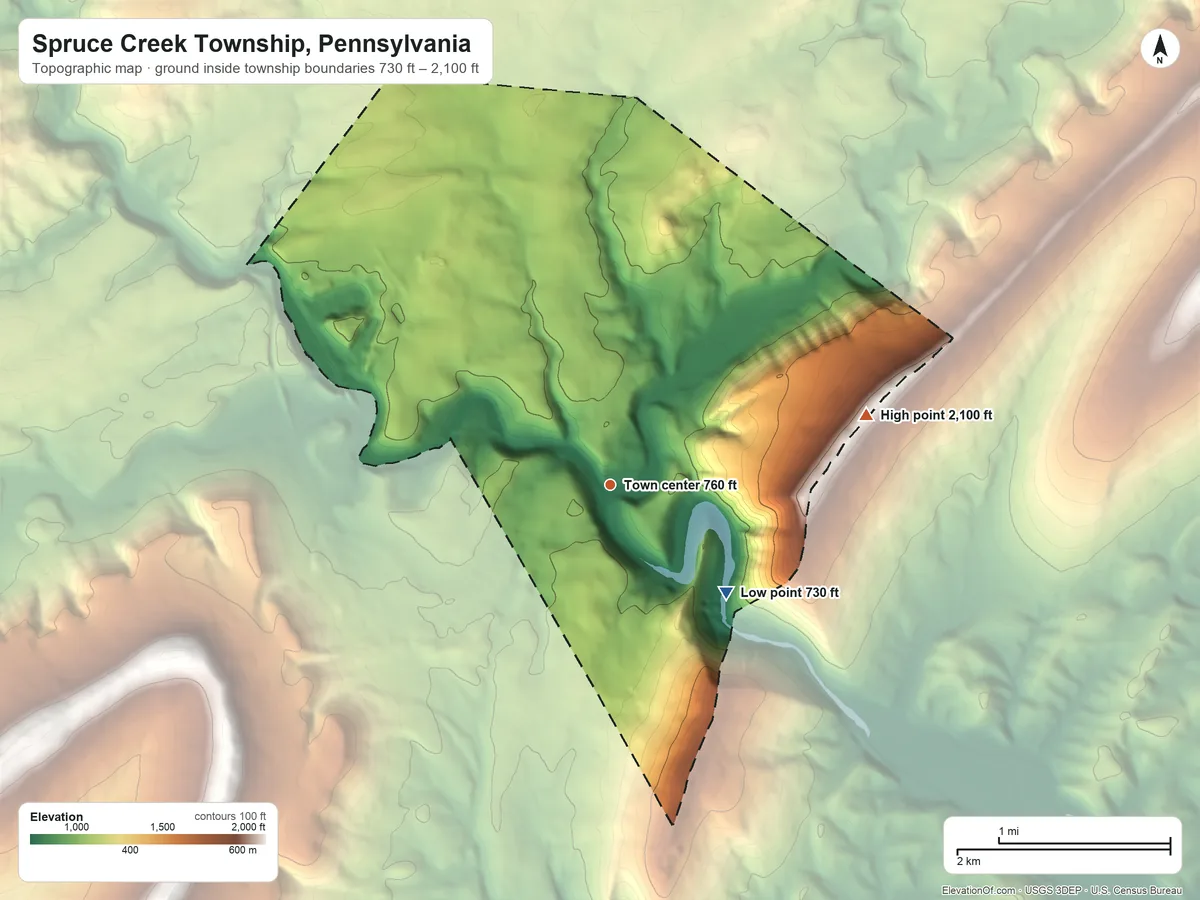 Topographic elevation map of Spruce Creek Township, Pennsylvania, shaded from 730 ft on the southeast side to 2,100 ft on the east side