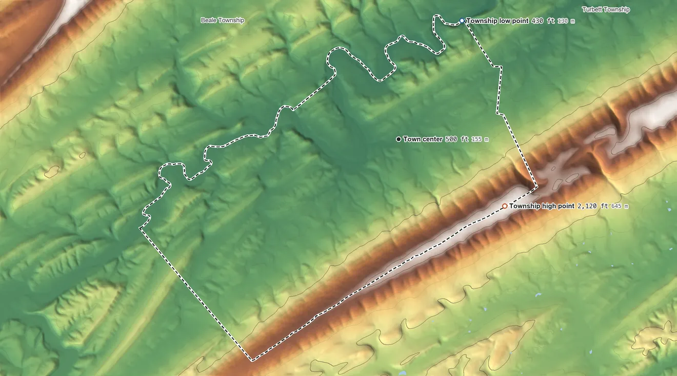 Topographic elevation map of Spruce Hill Township, Pennsylvania, shaded from 430 ft on the northeast side to 2,120 ft on the southeast side
