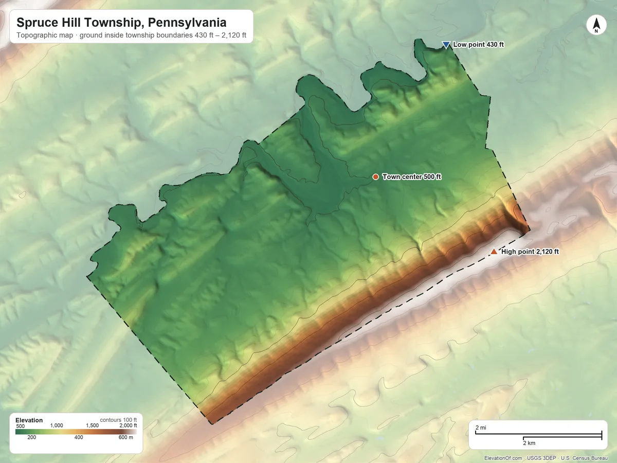 Topographic elevation map of Spruce Hill Township, Pennsylvania, shaded from 430 ft on the northeast side to 2,120 ft on the southeast side