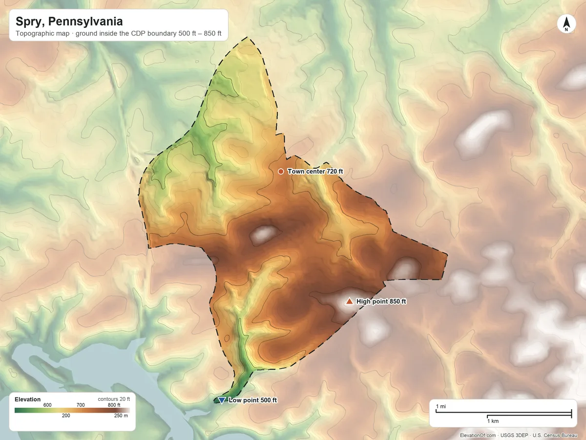 Topographic elevation map of Spry, Pennsylvania, shaded from 500 ft on the south side to 850 ft on the southeast side