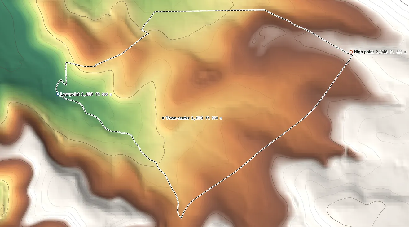 Topographic elevation map of St. Benedict, Pennsylvania, shaded from 1,650 ft on the west side to 2,040 ft on the east side