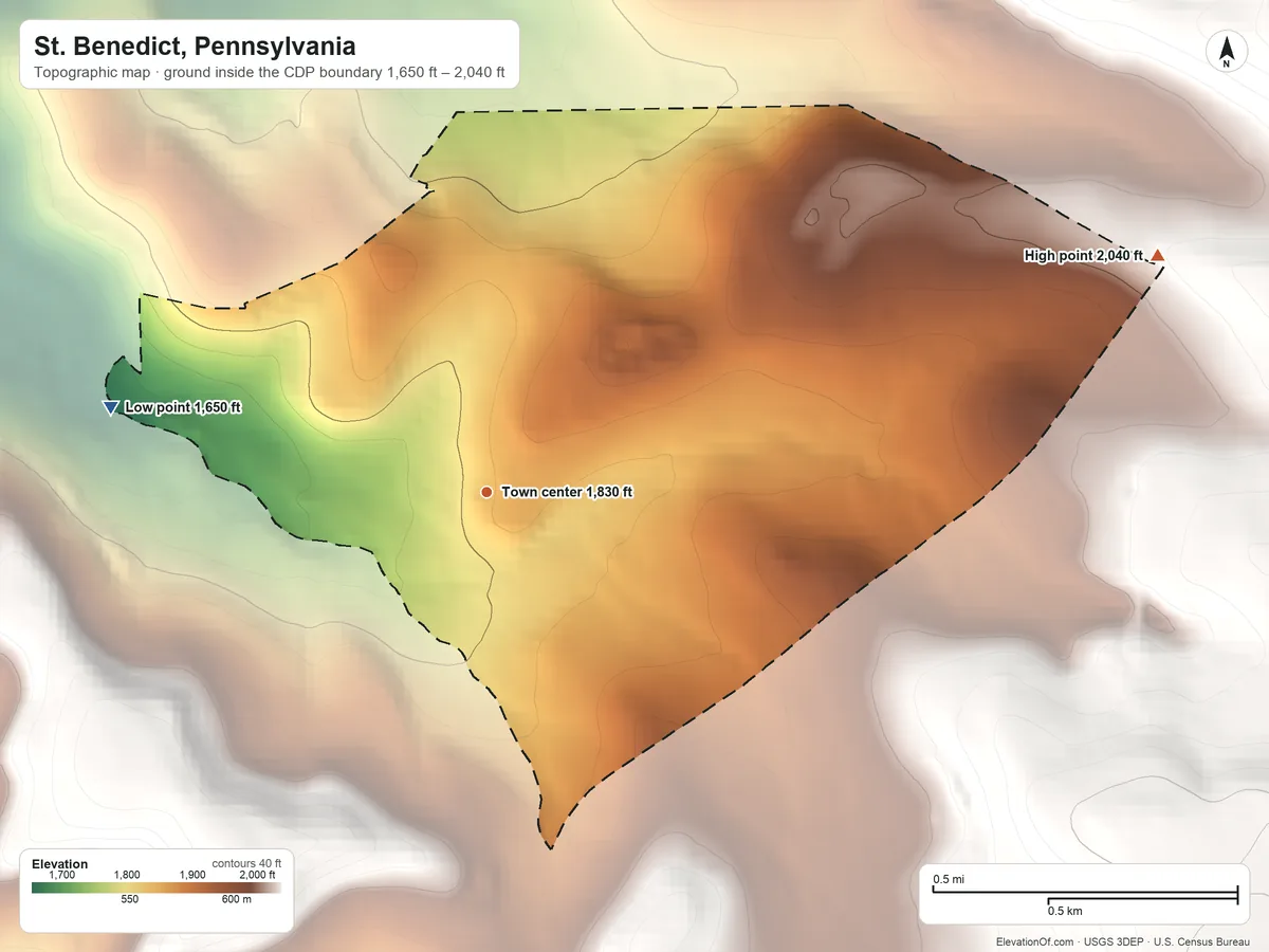Topographic elevation map of St. Benedict, Pennsylvania, shaded from 1,650 ft on the west side to 2,040 ft on the east side