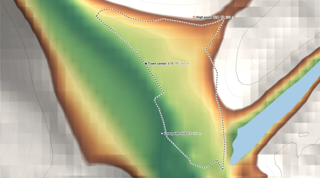 Topographic elevation map of St. Clair, Blair County, Pennsylvania, shaded from 860 ft on the south side to 920 ft on the northeast edge, below higher ground just outside