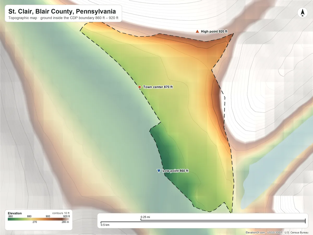Topographic elevation map of St. Clair, Blair County, Pennsylvania, shaded from 860 ft on the south side to 920 ft on the northeast edge, below higher ground just outside