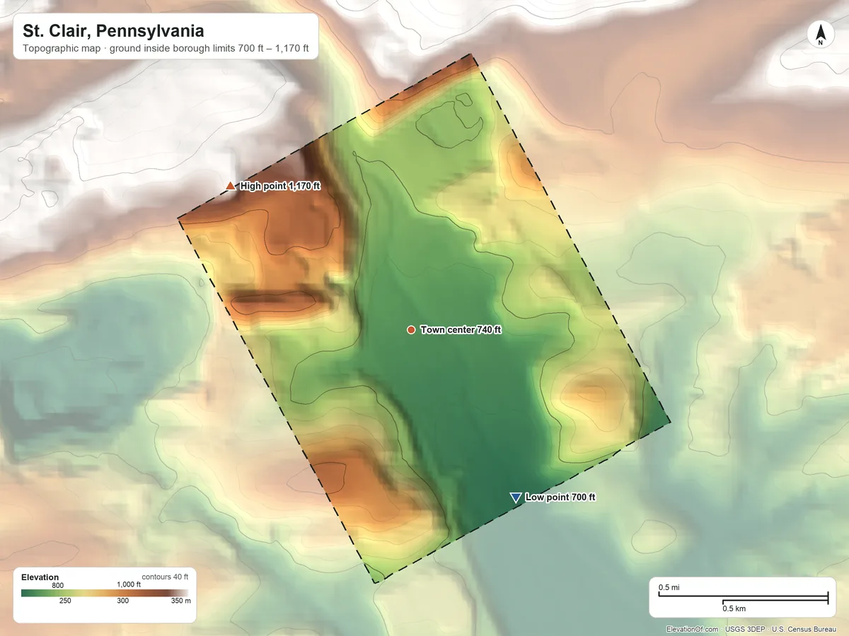 Topographic elevation map of St. Clair, Pennsylvania, shaded from 700 ft on the southeast side to 1,170 ft at the foot of the Broad Mountain