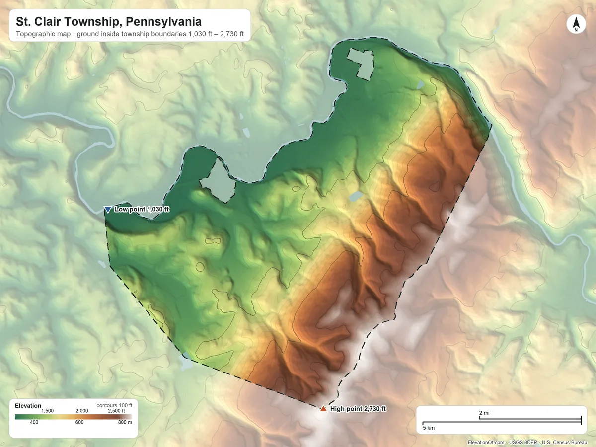 Topographic elevation map of St. Clair Township, Pennsylvania, shaded from 1,030 ft on the west side to 2,730 ft on the south side