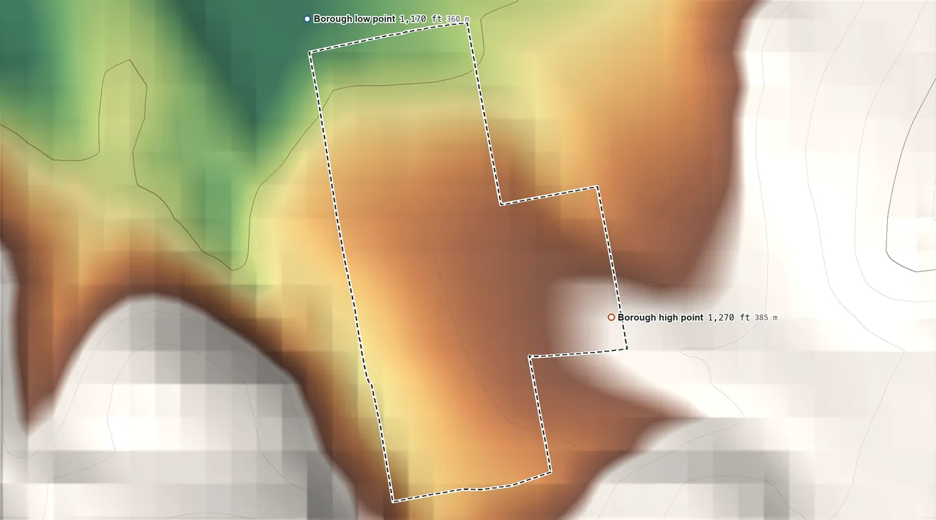 Topographic elevation map of St. Clairsville, Pennsylvania, shaded from 1,170 ft on the northwest side to 1,270 ft at the foot of the Tussey Mountain