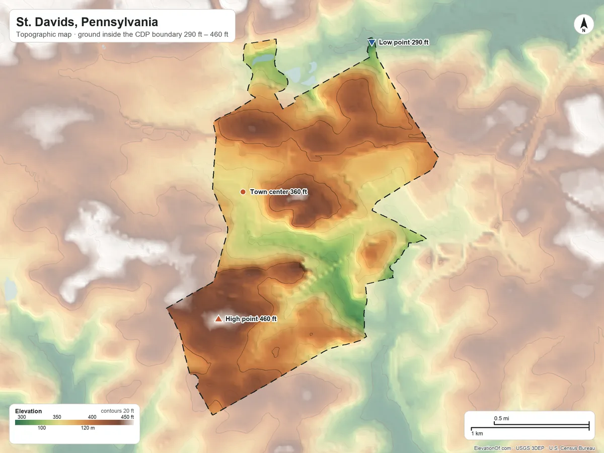 Topographic elevation map of St. Davids, Pennsylvania, shaded from 290 ft on the northeast side to 460 ft on the south side