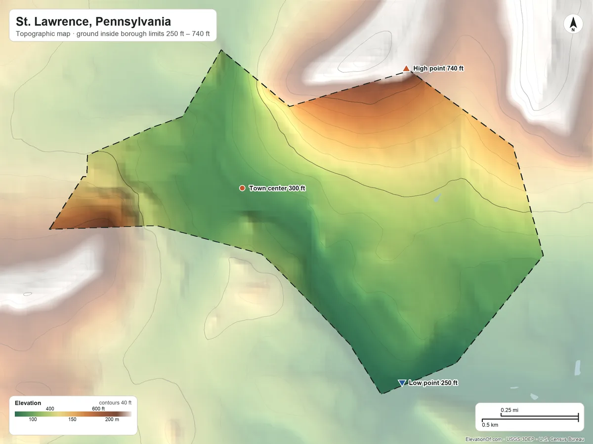 Topographic elevation map of St. Lawrence, Pennsylvania, shaded from 250 ft on the southeast side to 740 ft on the northeast edge, below higher ground just outside