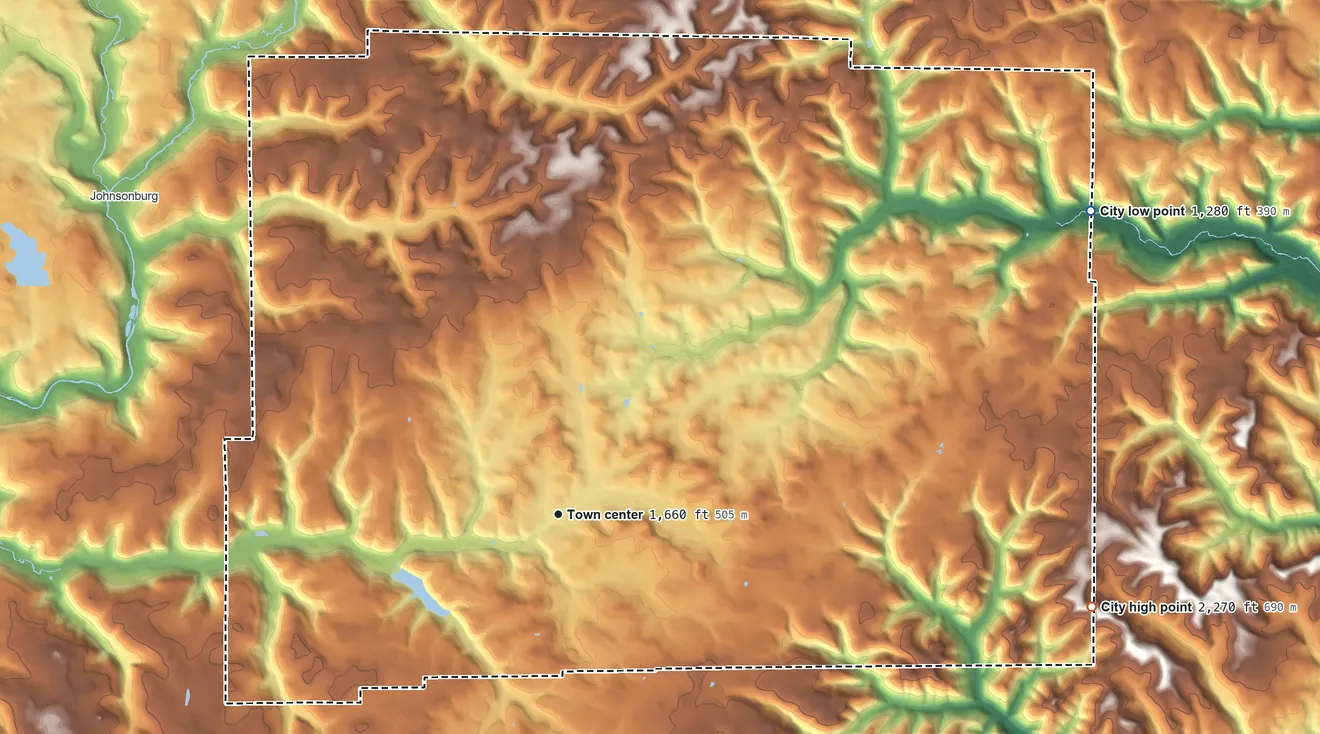 Topographic elevation map of St. Marys, Pennsylvania, shaded from 1,280 ft on the northeast side to 2,270 ft on the east side