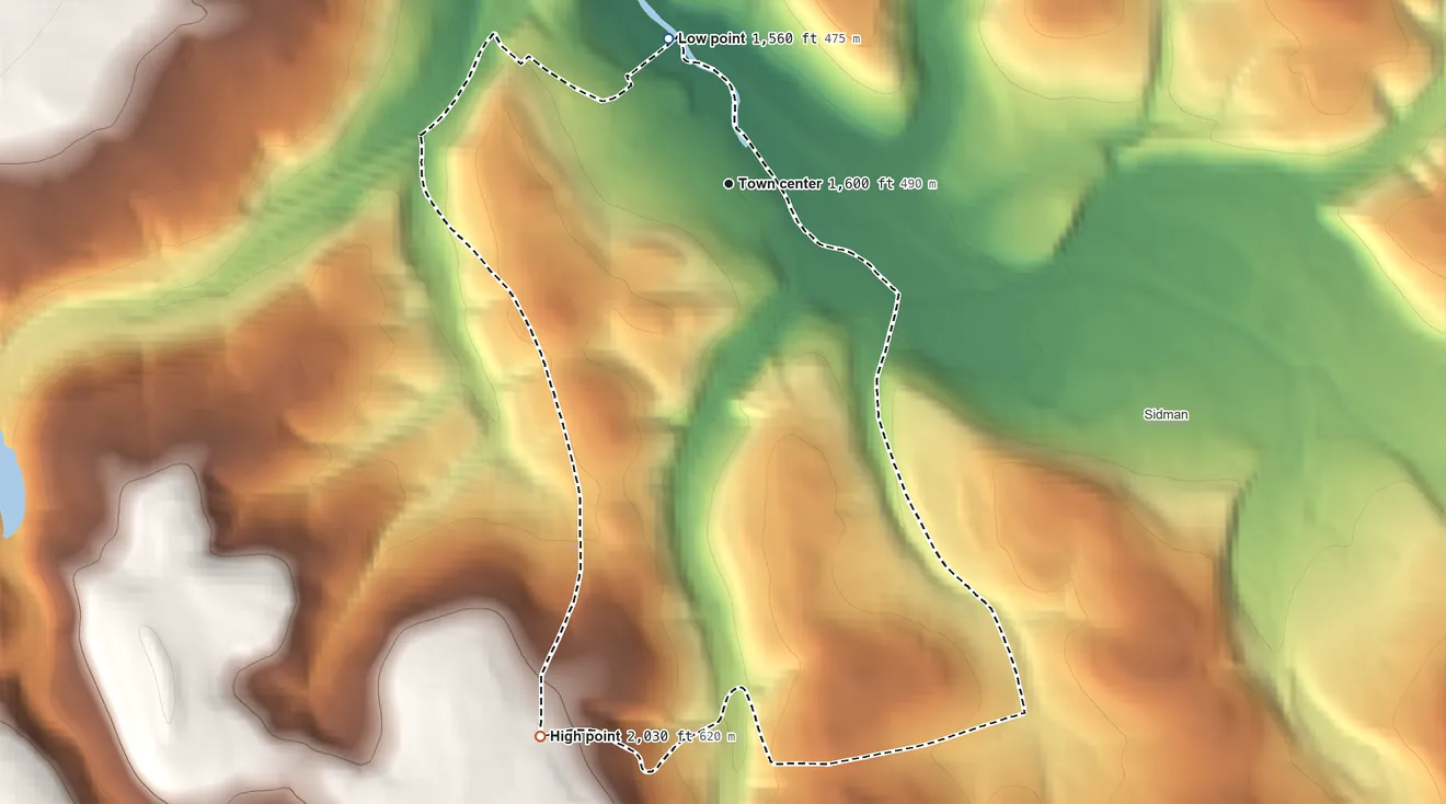 Topographic elevation map of St. Michael, Pennsylvania, shaded from 1,560 ft on the northwest side to 2,030 ft on the south side