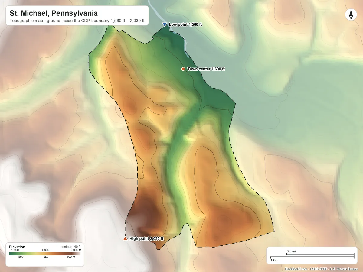 Topographic elevation map of St. Michael, Pennsylvania, shaded from 1,560 ft on the northwest side to 2,030 ft on the south side