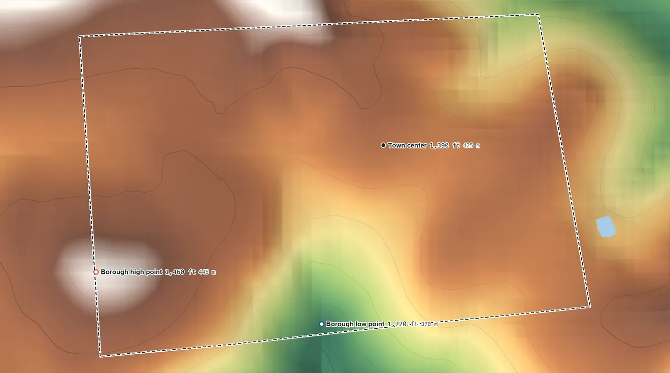 Topographic elevation map of St. Petersburg, Pennsylvania, shaded from 1,220 ft on the south side to 1,460 ft on the southwest side