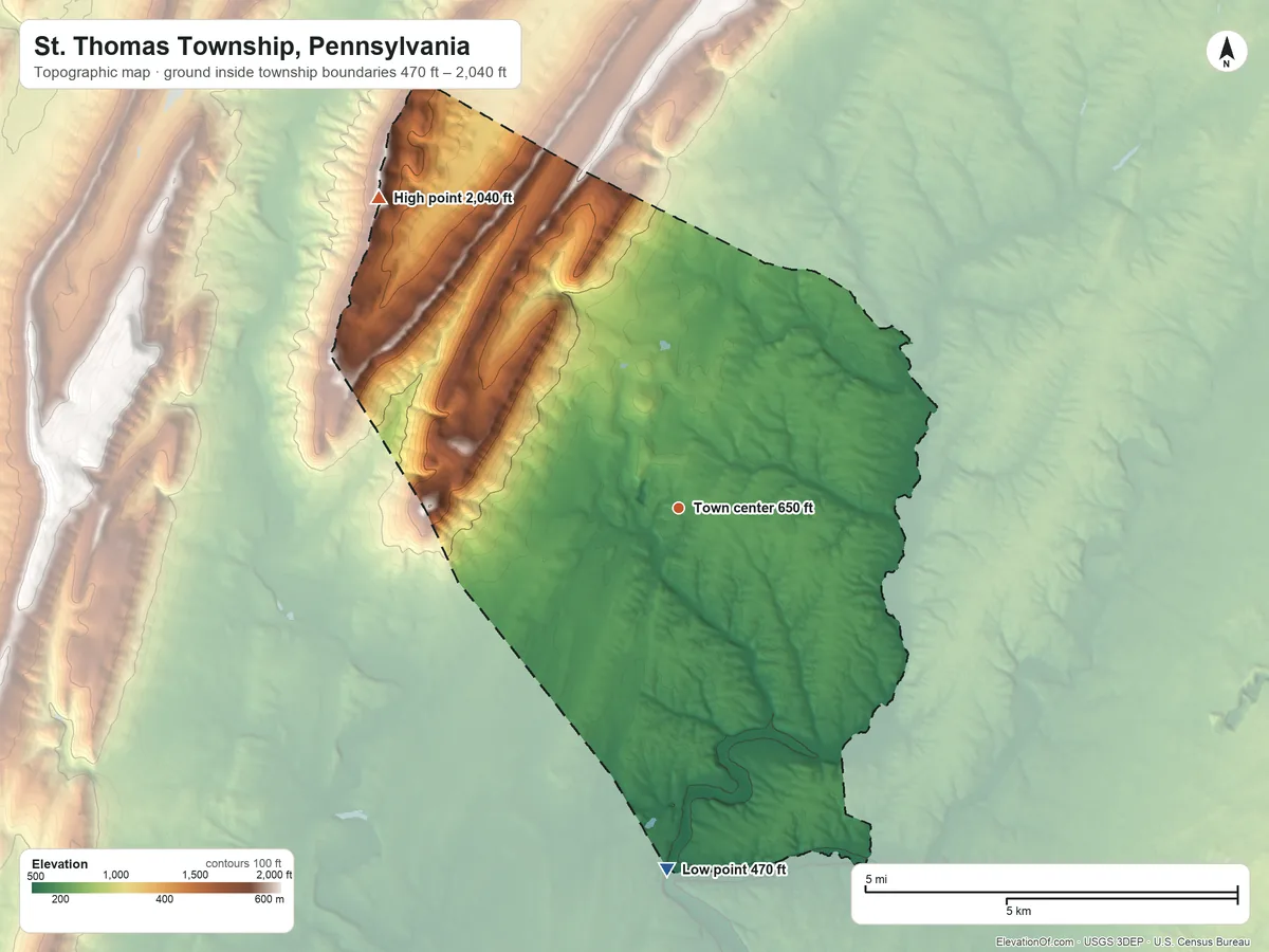 Topographic elevation map of St. Thomas Township, Pennsylvania, shaded from 470 ft on the south side to 2,040 ft on the northwest side