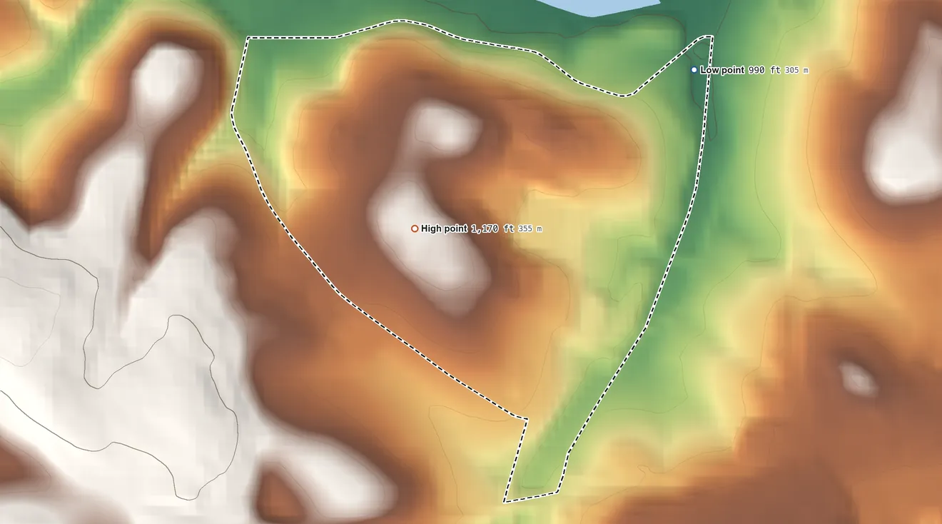 Topographic elevation map of St. Vincent College, Pennsylvania, shaded from 990 ft on the northeast side to 1,170 ft near the middle