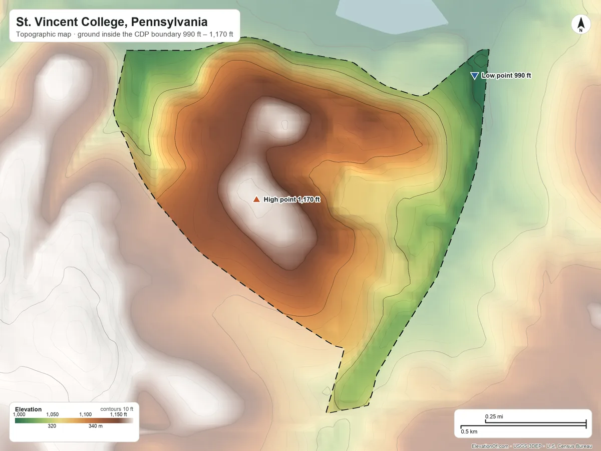 Topographic elevation map of St. Vincent College, Pennsylvania, shaded from 990 ft on the northeast side to 1,170 ft near the middle