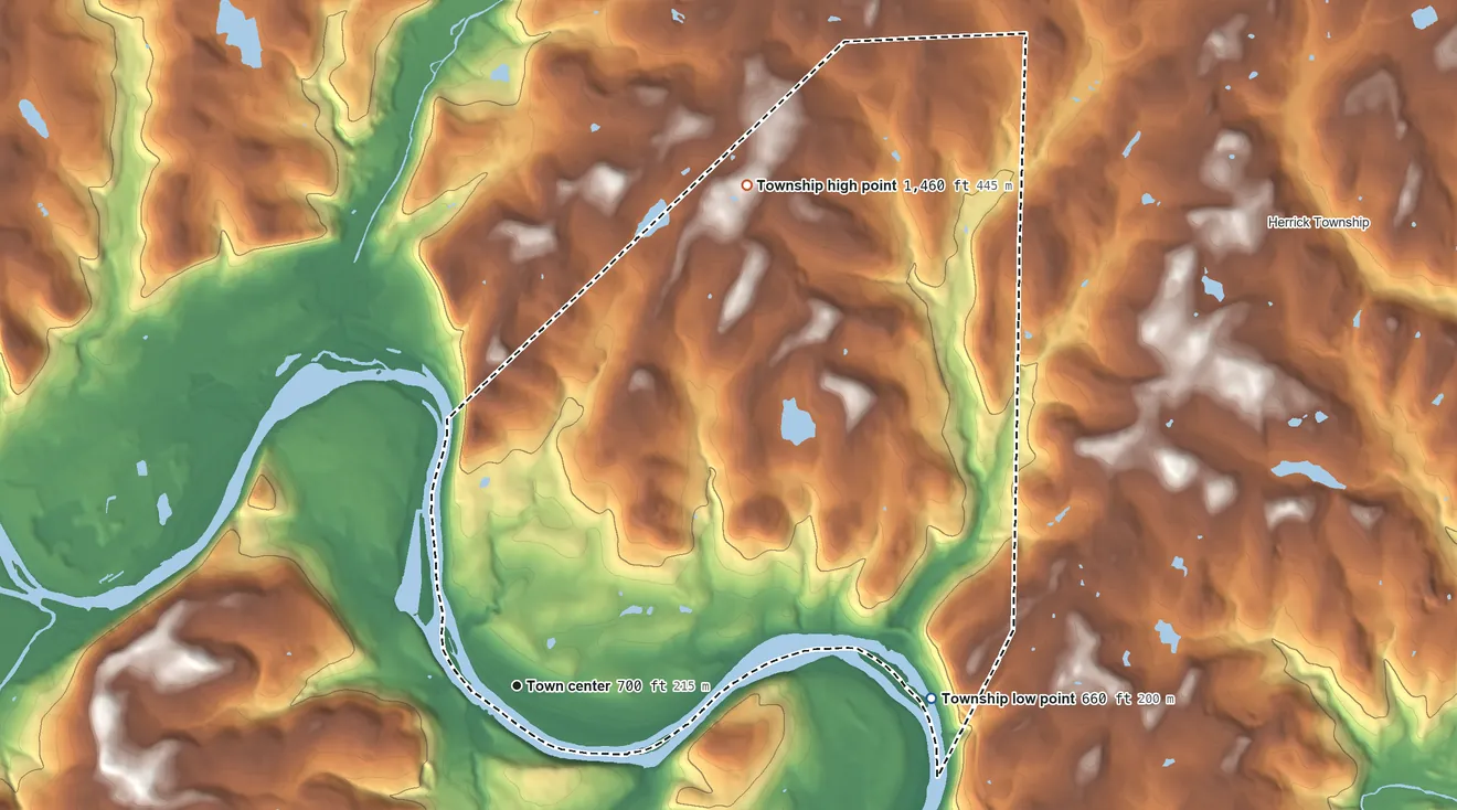 Topographic elevation map of Standing Stone Township, Pennsylvania, shaded from 660 ft on the east side to 1,460 ft on the northeast side