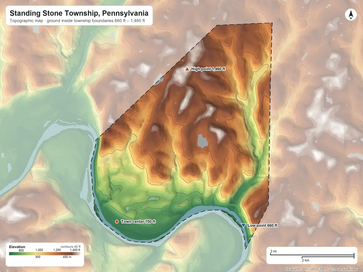 Topographic elevation map of Standing Stone Township, Pennsylvania, shaded from 660 ft on the east side to 1,460 ft on the northeast side