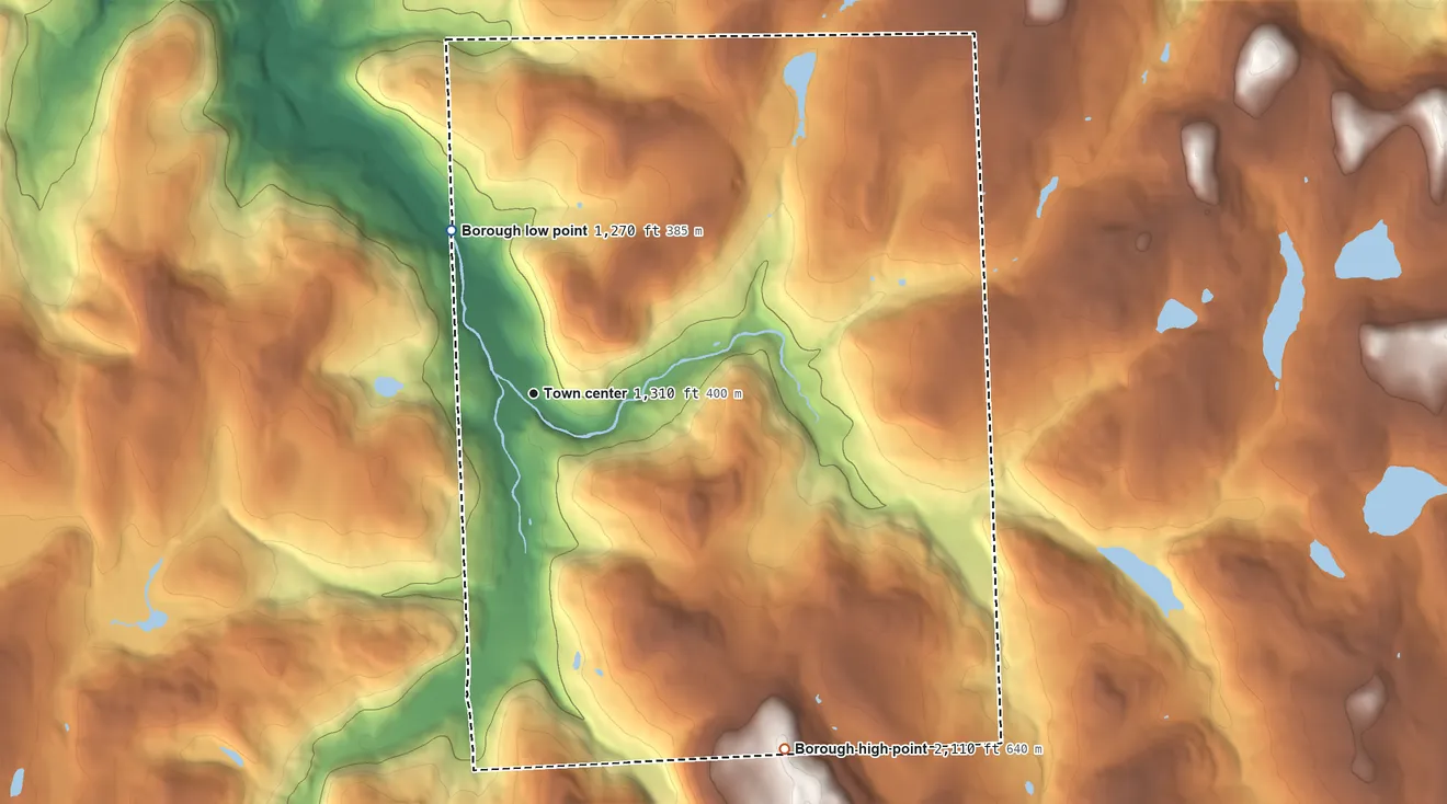 Topographic elevation map of Starrucca, Pennsylvania, shaded from 1,270 ft on the northwest side to 2,110 ft on the southeast side