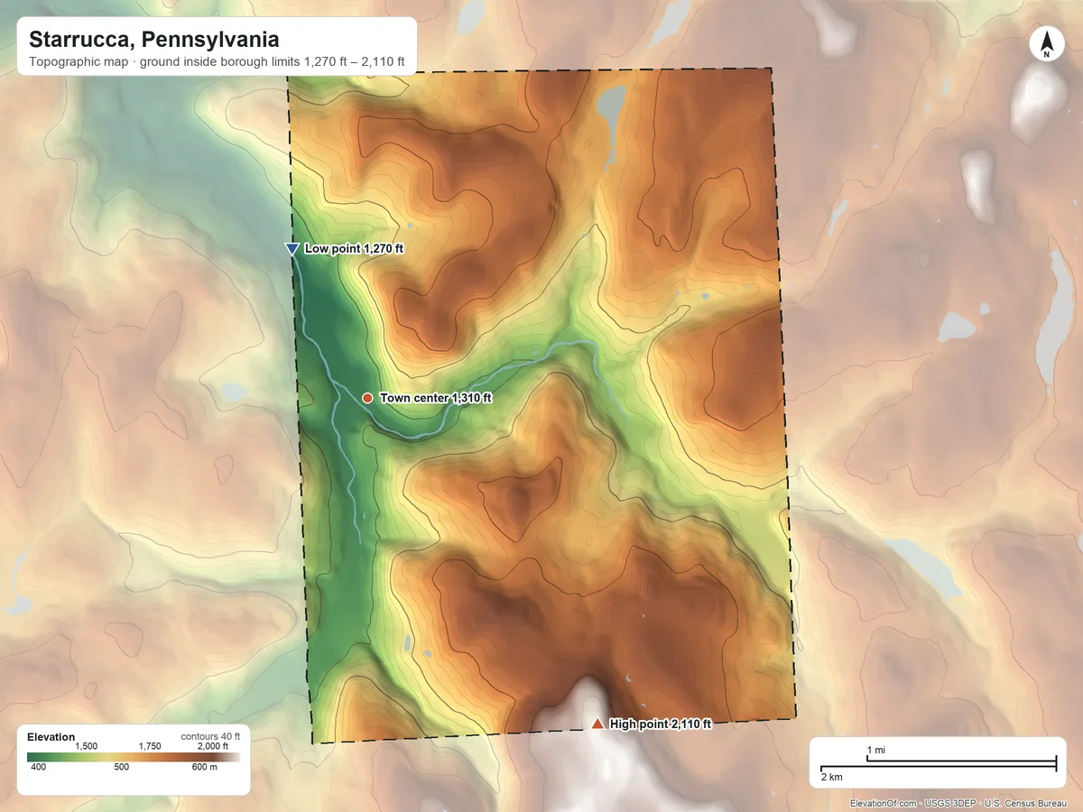 Topographic elevation map of Starrucca, Pennsylvania, shaded from 1,270 ft on the northwest side to 2,110 ft on the southeast side